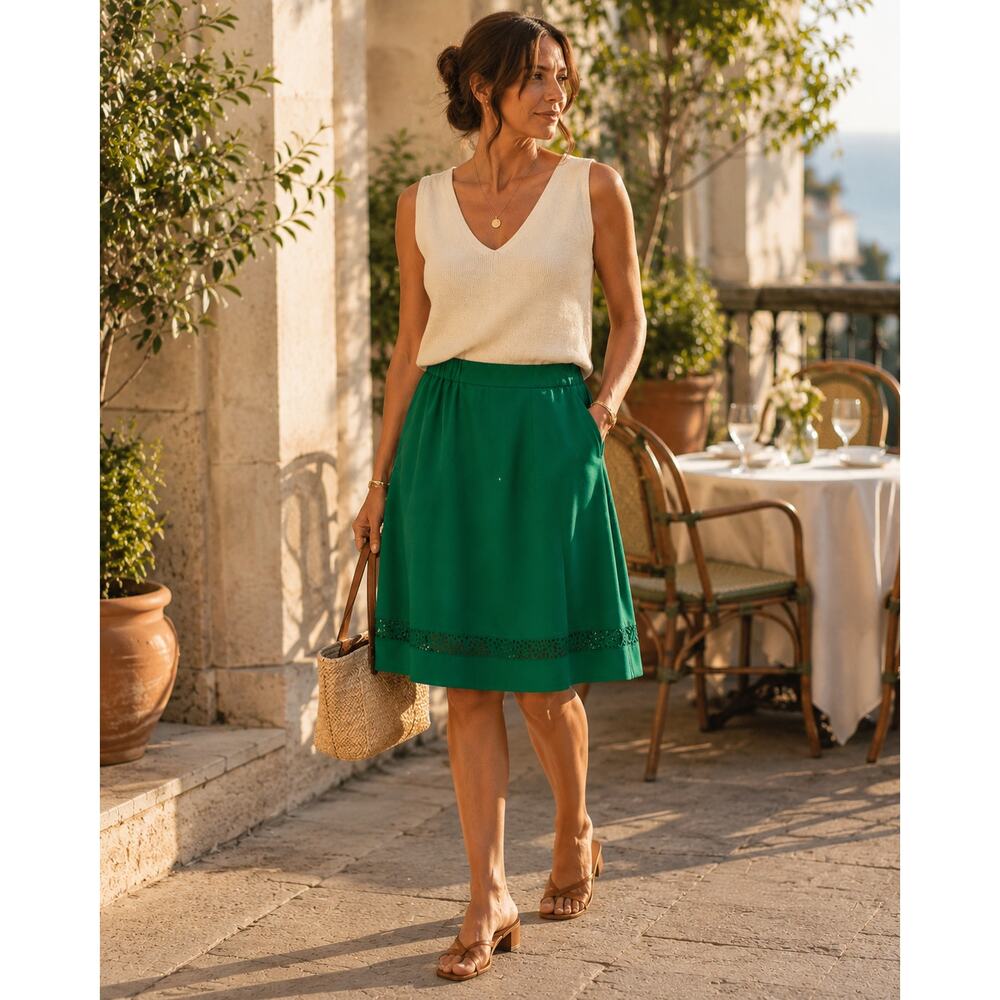 Vintage Leslie Fay Emerald Green A Line Midi Skirt Union Made Quietlux USA